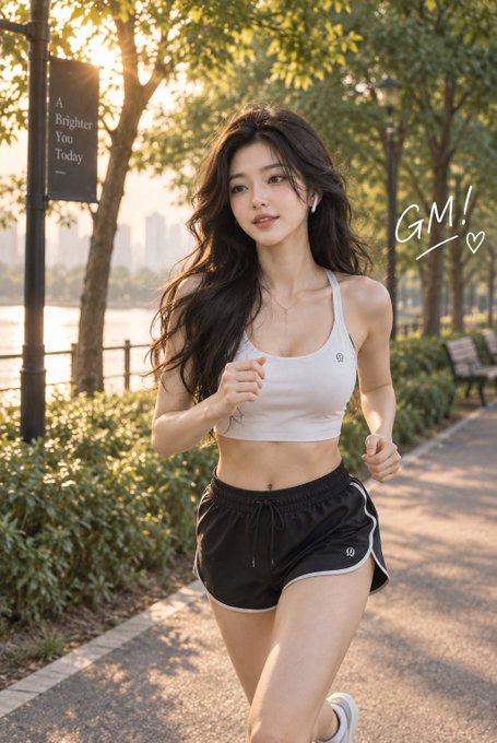 A young woman with long dark hair jogs along a tree-lined park path wearing a white sports bra and black running shorts, with the text 'A Brighter You Today' on a banner and 'GM!' written on the image.