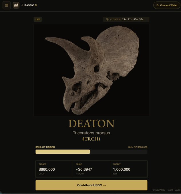 A screenshot of the JurassicFi platform shows a live token offering (TRCH1) tied to the "DEATON" Triceratops prorsus fossil, which has raised $320,517 (48%) toward a $660,000 USDC target at ~$0.6947 per token, with the post highlighting it as the first tokenized dinosaur fossil on Solana.