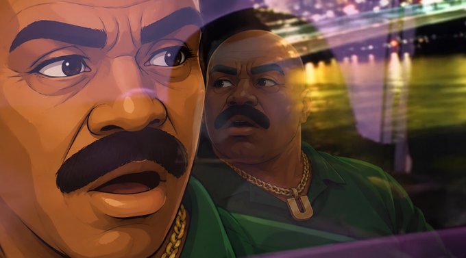 A digital illustration showing a close-up of a bald man with a mustache wearing a gold chain with a 'U' pendant, with a reflection or secondary image of the same character in the background.