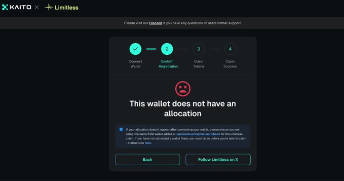 The image shows a Kaito × Limitless token claim page displaying an error message "This wallet does not have an allocation" during step 2 (Confirm Registration) of a 4-step claim process, with a note explaining that EVM addresses must be added at ago.kaitocapital.com/limitless to verify eligibility. This relates to the user's question by illustrating that their wallet isn't recognized as eligible for the Limitless airdrop, which is why they cannot claim the remaining 50% of their TGE-unlocked tokens.