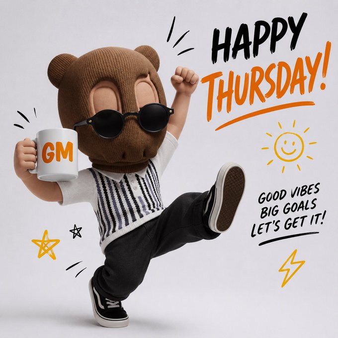 The image features a cartoon bear wearing sunglasses and holding a coffee cup while dancing. The caption of the image reads "Happy Thursday! GM Crypto Fam Thursday Crypto Watchlist Avalanche $AVAX" which suggests that the bear might be promoting a cryptocurrency or blockchain project, possibly related to the crypto world.