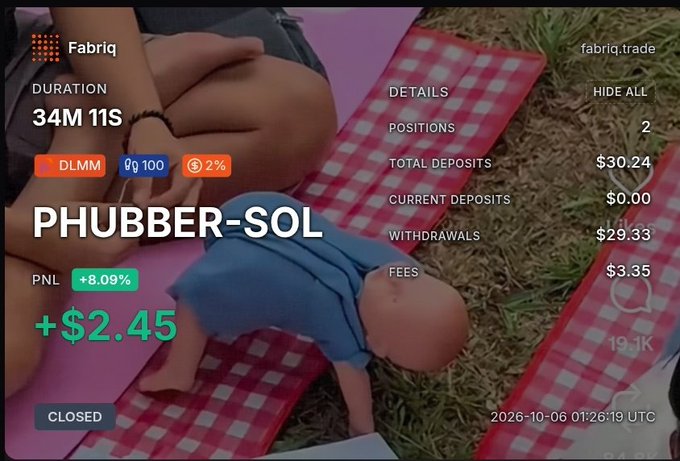 A Fabriq trading dashboard overlay titled 'PHUBBER-SOL' shows details like a 34M 11S duration, 2 positions, total deposits of $30.24, and PNL of +$2.45, superimposed over a video of a baby crawling on a pink checkered picnic blanket.
