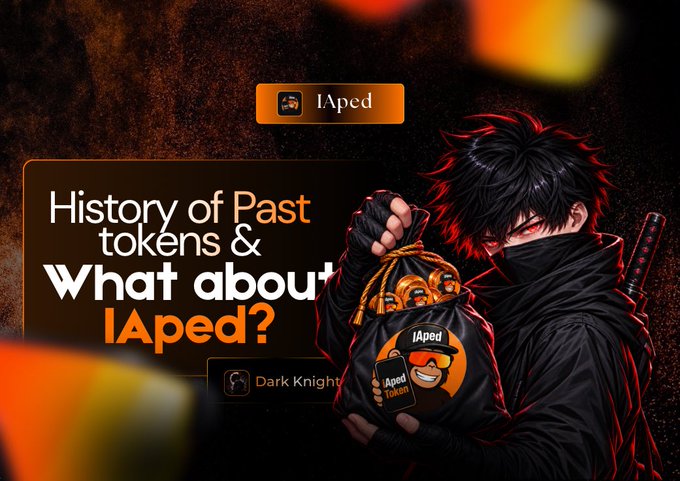 A dark, anime-styled graphic features a masked ninja-like character holding a sack overflowing with "IAped" tokens, with bold headers stating "History of Past tokens & What about IAped?" and a "Dark Knight" button. The post contrasts the era of effortless $tip farming on Twitter with the rise of the IAped token, suggesting a shift from simple engagement-based airdrops to more deliberate crypto opportunities.