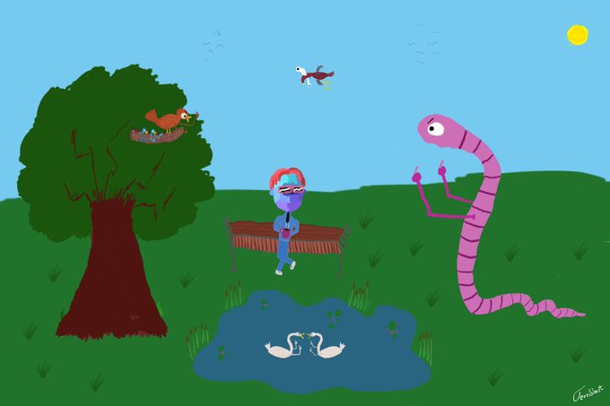 Illustration of a whimsical park scene with a tree, a pond with swans, a bench, a flying bird, and a pink worm-like creature; signed 'Christina' in the bottom right.