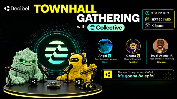 Promotional graphic for a "TOWNHALL GATHERING" hosted by Decibel and Collective on X Space on Wednesday, Sept 30 at 3:00 PM UTC, featuring hosts Angel (Aptos Community Manager), Castro (Head of Community), and Sedall Asante (Head of Product Marketing), with two furry mascot characters at microphones and text noting "This won't be your usual AMA... it's gonna be epic!"