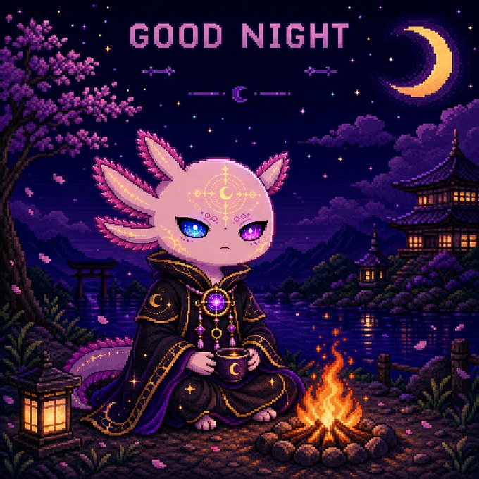A pixel art illustration with 'GOOD NIGHT' text showing a pink axolotl-like creature in dark wizard robes holding a mug beside a campfire, with a pagoda and moon in the night sky background.
