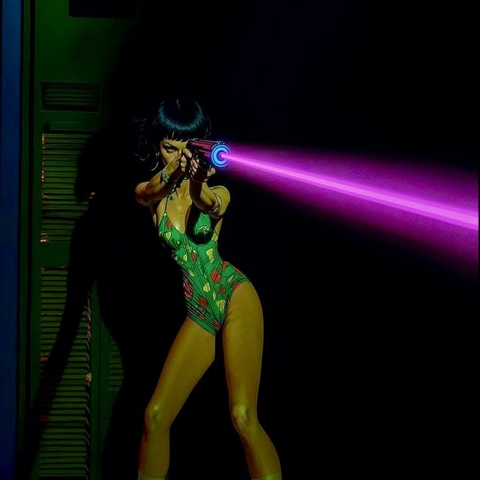 The image shows a stylized, retro-futuristic illustration of a woman in a green patterned bodysuit firing a glowing pink/magenta laser beam from a futuristic weapon, set against a dark background with green industrial paneling on the left.

The image metaphorically captures the post's sentiment about Web3 UX frustration—the chaotic, scattered experience of juggling multiple platforms (Telegram, Phantom, Dexscreener, Discord) feels like being blasted by disorganized energy, suggesting @TheLynkApp offers a more streamlined alternative.