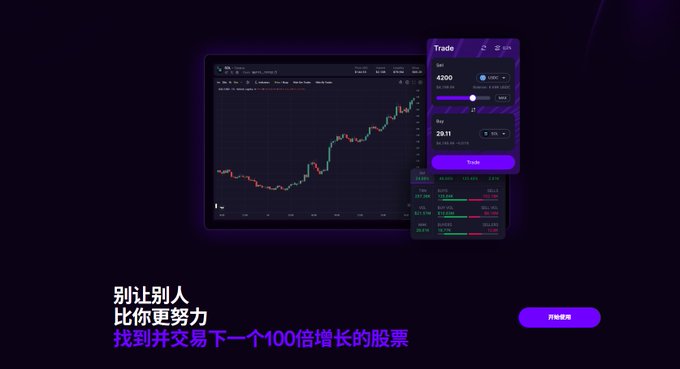 A stock trading platform interface displays a "Trade" panel with a sell price of 4200 and buy price of 29.11, alongside a candlestick chart showing an upward price trend. Chinese text reads "别让别人比你更努力 找到并交易下一个100倍增长的股票" (Don't let others work harder than you—find and trade the next 100x growth stock), suggesting a promotional image for a trading app that relates to the post's discussion of cross-chain trading across multiple networks like BNB Chain, Solana, Base, Ethereum, Hyperliquid, and Monad.