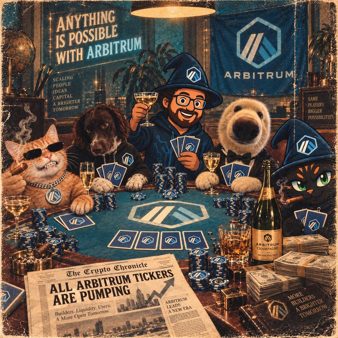 A stylized illustration of a poker game where a man, a dog, a cat, and a polar bear wearing wizard hats play cards at a table. The scene features Arbitrum branding with text including 'ANYTHING IS POSSIBLE WITH ARBITRUM', 'ARBITRUM', and a newspaper headline reading 'ALL ARBITRUM TICKERS ARE PUMPING'.