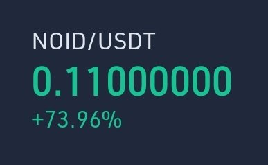 A financial display showing the cryptocurrency pair 'NOID/USDT' with a price of '0.11000000' and a positive change of '+73.96%' in green text on a dark blue background.