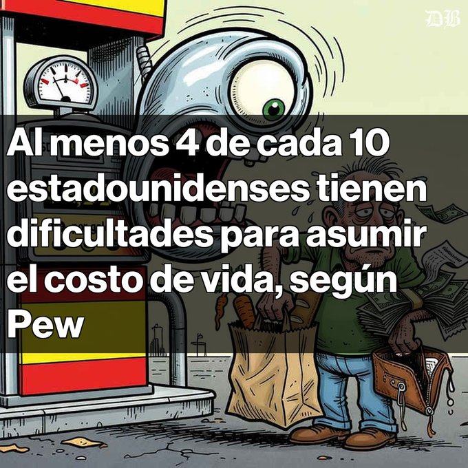A cartoon illustration with Spanish text stating 'Al menos 4 de cada 10 estadounidenses tienen dificultades para asumir el costo de vida, según Pew' (At least 4 out of 10 Americans have difficulty affording the cost of living, according to Pew), depicting a man carrying a paper bag being chased by a gas pump monster.