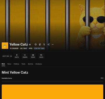 A screenshot of a webpage titled 'Yellow Catz' and 'Mint Yellow Catz' featuring a cartoon cat wearing sunglasses behind prison bars.