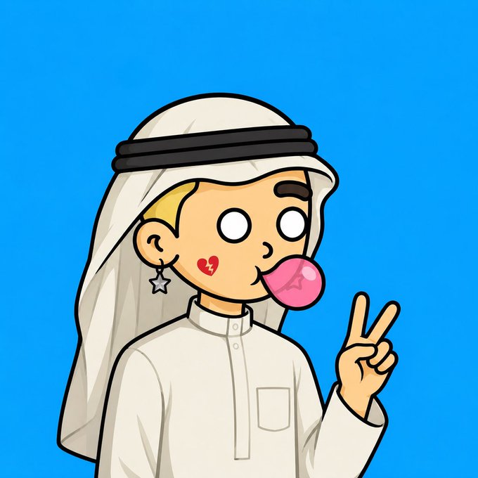 A cartoon character wearing traditional Arab attire (a white thobe and ghutra with a black agal) blows a pink bubblegum bubble, flashes a peace sign, and has a small broken heart sticker on his cheek, fitting the upbeat "GM" (good morning) crypto greeting.