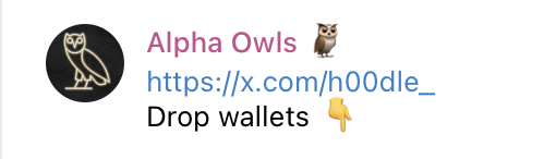 The image shows a profile card for "Alpha Owls" with an owl avatar, the X handle https://x.com/h00dle_, and the text "Drop wallets 👇" in pink. It serves as a call-to-action graphic directing viewers to share their wallet addresses for a freemint giveaway mentioned in the post.
