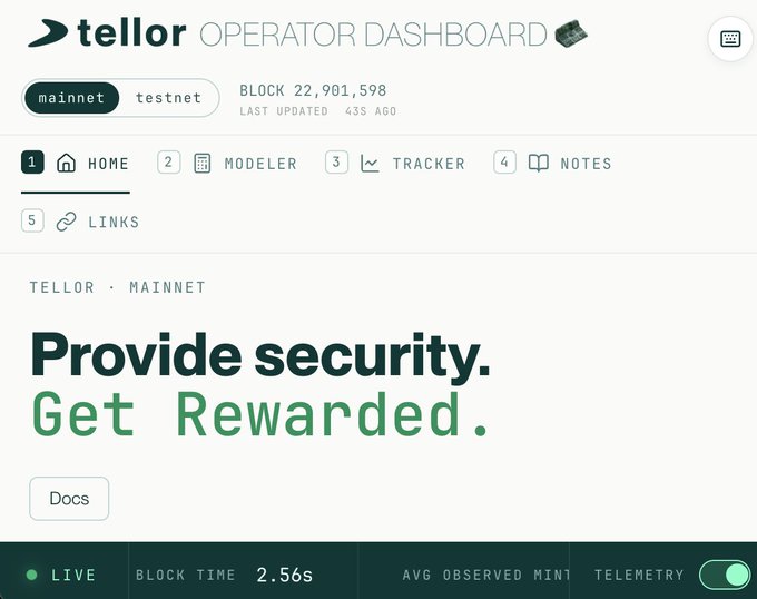 A screenshot of the 'tellor OPERATOR DASHBOARD' on mainnet at block 22,901,598, showing the tagline 'Provide security. Get Rewarded.'