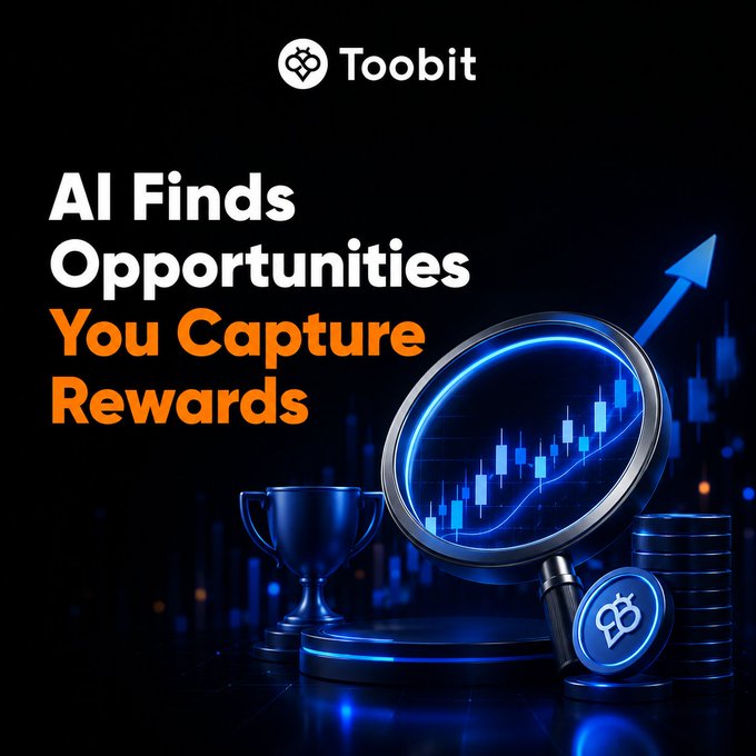A promotional graphic for Toobit features the tagline "AI Finds Opportunities You Capture Rewards," visually representing AI-powered crypto trading with a magnifying glass over a rising candlestick chart, a trophy, and stacked coins, aligning with the post's announcement of an AI trading competition offering 150,000 USDT in rewards.