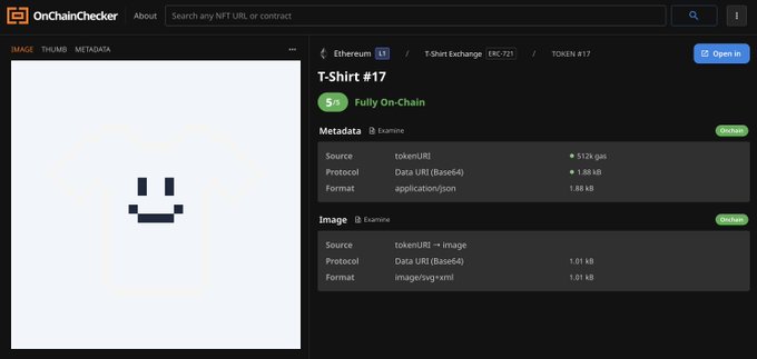 A screenshot of the OnChainChecker website displaying metadata for an Ethereum NFT called 'T-Shirt #17' from T-Shirt Exchange (ERC-721), showing a simple pixelated smiley face t-shirt design.