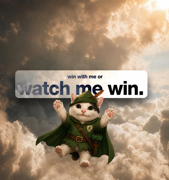 A cute cat dressed in a green Robin Hood-style outfit with a feathered hat and quiver of arrows leaps through dramatic clouds, with a text box reading 'win with me or watch me win.'