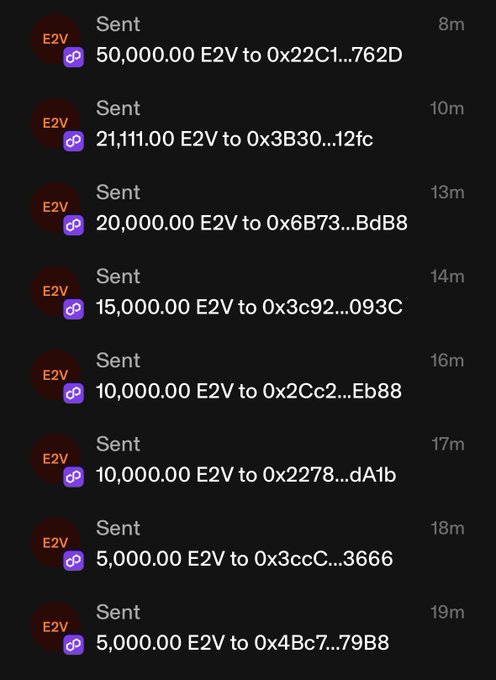 A dark-themed transaction history screen lists multiple 'Sent' transactions for the E2V token in various amounts (ranging from 50,000.00 to 5,000.00) to different crypto wallet addresses over the past 19 minutes.