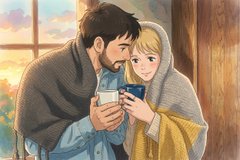 An anime-style illustration shows a bearded man wrapped in a gray shawl drinking from a mug while sharing a blanket with a smiling blonde child beside a window.