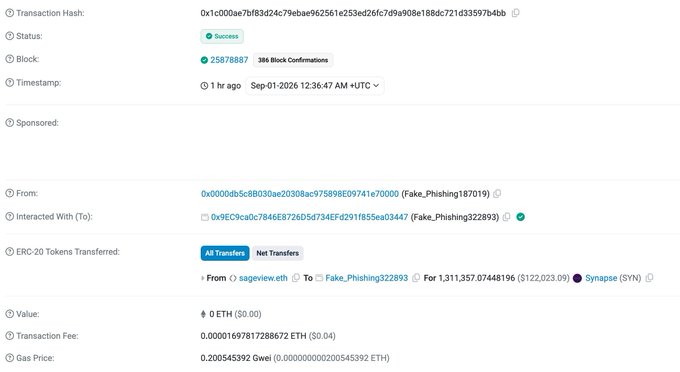 The image displays a successful Etherscan transaction showing a transfer of approximately $122,023.09 worth of 1,311,357.07448196 Synapse (SYN) tokens from address "sageview.eth" to a flagged "Fake_Phishing" wallet, illustrating the second draining attack mentioned in the post where an unrevoked token allowance from 922 days ago allowed the phisher to steal funds again.