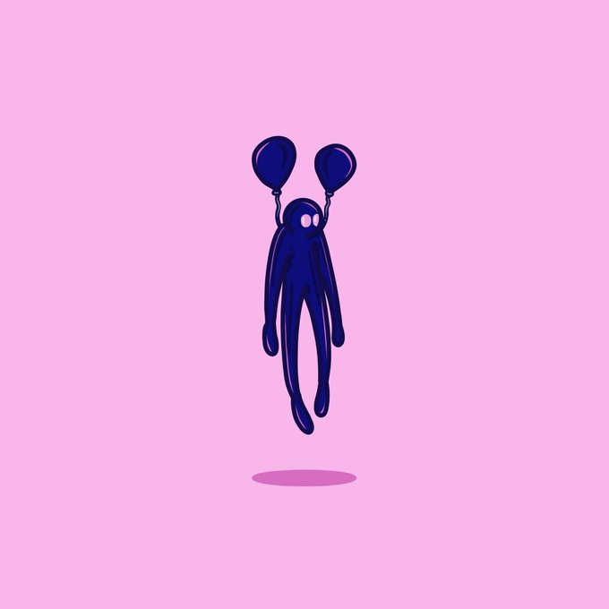 The image features a cartoon-style illustration of a person with two balloons attached to their head, giving them an ethereal appearance as if they are floating or flying through the air. The background color of the image is pink, which contrasts nicely with the blue balloons and the person's figure. The caption below the image reads "101 Limited Edition. Tomorrow. eth. First 50 addresses will be GTD." This suggests that this illustration might be a part of an exclusive collection or limited edition series, possibly related to a specific event or promotion.