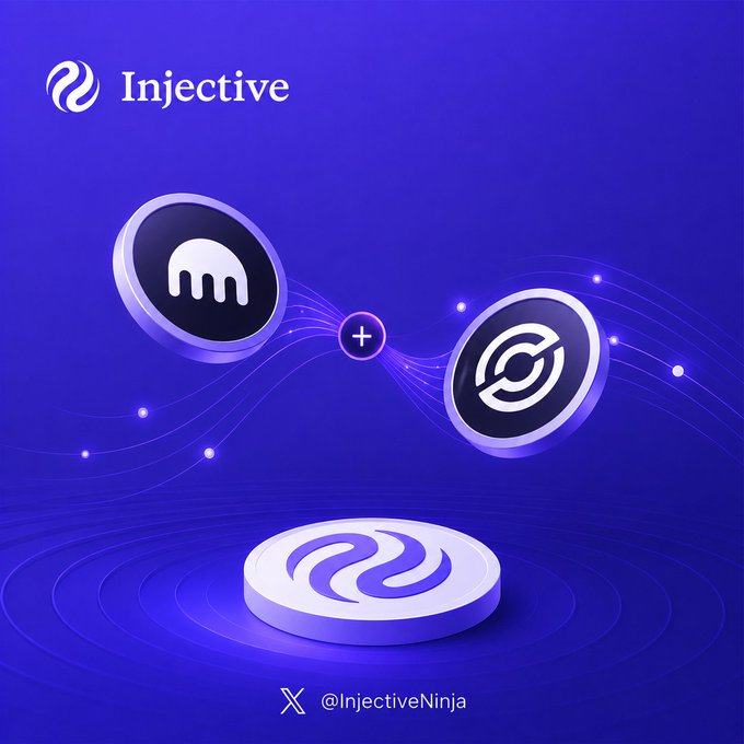 A purple-themed Injective blockchain graphic shows two connected icons merging into the Injective logo, credited to @InjectiveNinja.