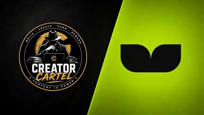 Split graphic showing 'CREATOR CARTEL' logo on the left with 'WRITE • CREATE • EARN • REWARD' tagline and a green 'V' symbol on the right.