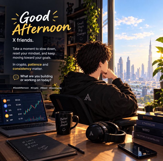 An illustrated graphic with the text 'Good Afternoon X friends' showing a young man looking out a window at a city skyline, with crypto-related elements like BTC, ETH, SOL, BNB, and XRP prices displayed on a laptop.