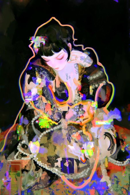 A vibrant, glitch-style digital artwork depicts a girl with dark hair and closed eyes, surrounded by colorful patterns, pearls, and distorted visual effects.