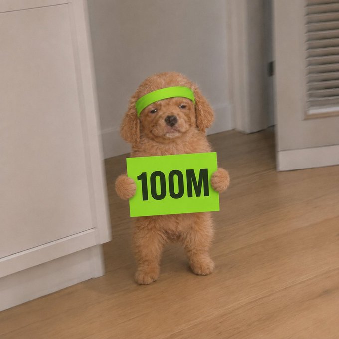 An adorable brown poodle puppy stands upright on a wooden floor, wearing a neon green headband and holding a matching neon green sign that reads "100M" in bold black letters, humorously visualizing the "$100M" meme coin milestone mentioned in the post as the next big dog meme on the Robinhood chain.