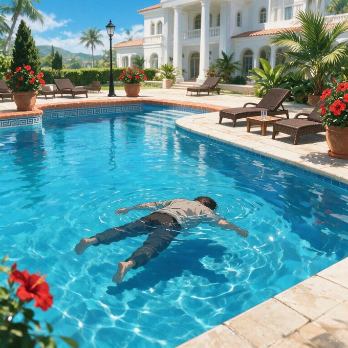 A man floats face-down in the clear blue water of a luxury pool at a Mediterranean-style villa with lounge chairs and red flowers.