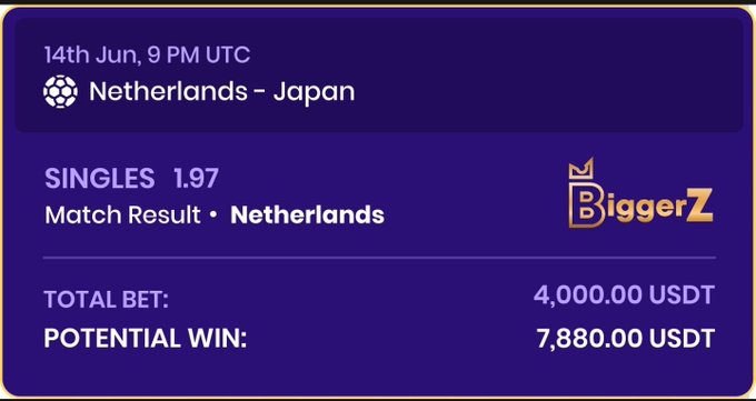 The image shows a purple square with white text that displays information about a bet made by someone for the Dutch team at the BiggerZ match result. The text indicates that the Netherlands has won the match, and the potential return of this bet is 7,880 US dollars.