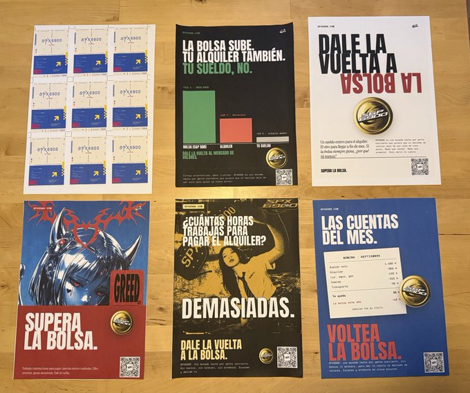 A collection of six Spanish-language promotional posters for the SPX6900 cryptocurrency, featuring bold graphics and slogans like "Dale la vuelta a la bolsa" (Turn the bag around), "La bolsa sube, tu alquiler también. Tu sueldo, no." (The market goes up, your rent does too. Your salary doesn't), and "Las cuentas del mes" (The month's bills), designed to critique financial inequality. The posters reflect the memecoin's working-class appeal and grassroots marketing approach through provocative, intentionally raw aesthetics.
