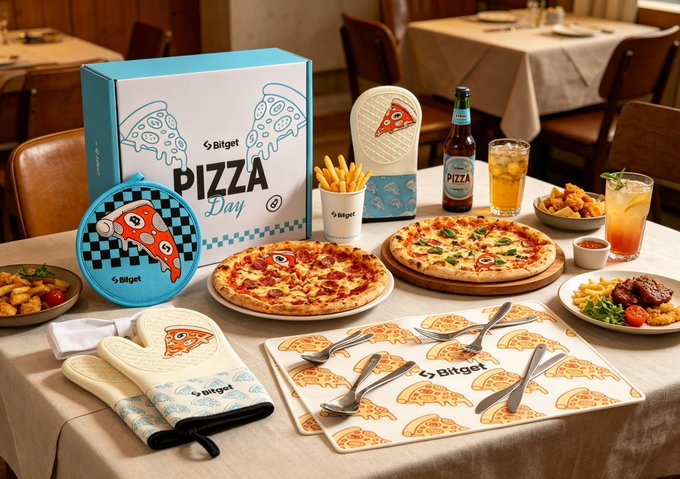 The image features a dining table with various food items, including pizzas, drinks, and utensils such as forks and spoons. The table also has pizza boxes and beer bottles placed on top of it. There are chairs around the table, indicating that this is likely taking place in a restaurant or a similar setting where people can enjoy their meal together.