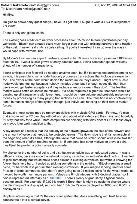 A historical email dated Sun, Apr 12, 2009 at 10:44 PM from Satoshi Nakamoto <satoshin@gmx.com> to Mike Hearn discussing Bitcoin network processing power and potential hardware speed improvements.