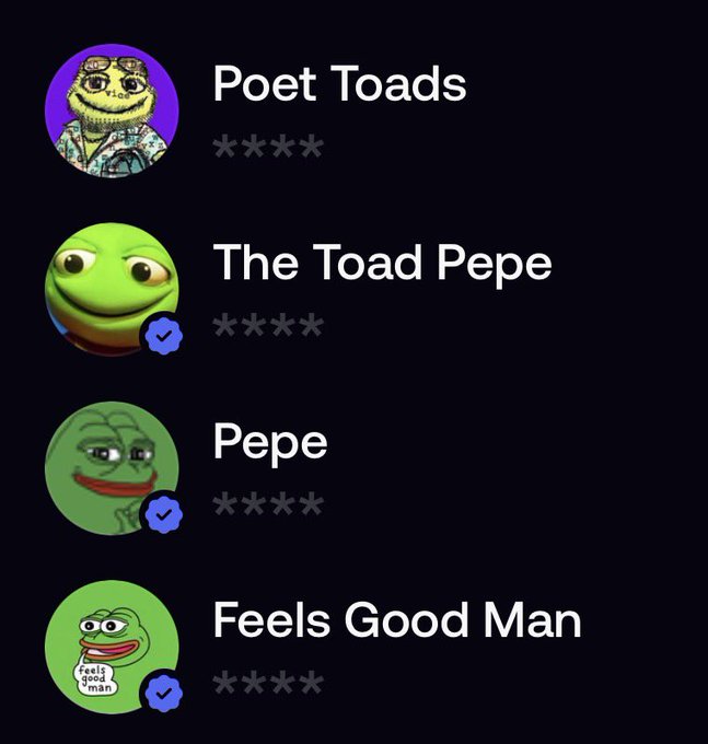 A list of Pepe the Frog related accounts showing 'Poet Toads,' 'The Toad Pepe,' 'Pepe,' and 'Feels Good Man,' each with four stars and blue verification checkmarks.