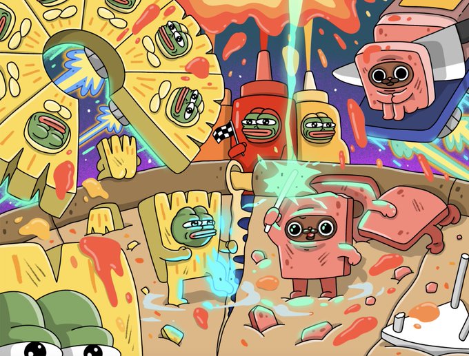 A chaotic cartoon illustration features anthropomorphic food characters including fries, ketchup, mustard, and bread in a colorful, surreal scene.
