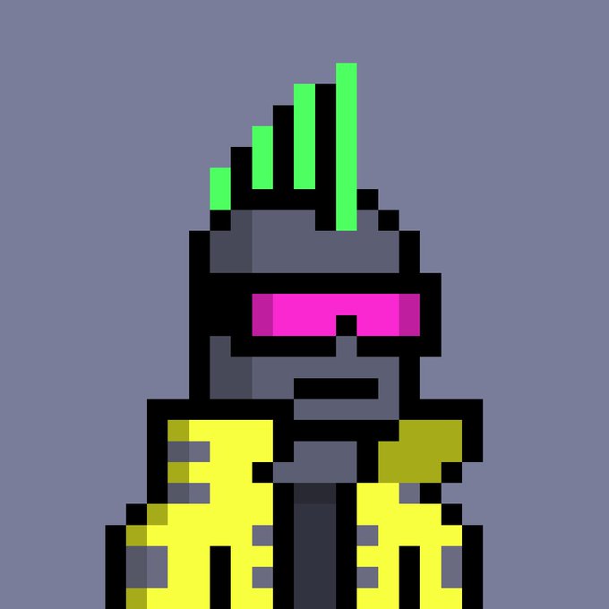 A pixel art illustration depicts a gray, stone-like figure with pink visor eyes and a bright green mohawk, wearing a yellow vest against a solid gray background.