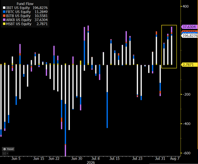 The image is a stacked bar chart titled "Fund Flow" displaying daily flows for five spot Bitcoin ETFs from late May through early August 2026, with cumulative totals of $196.8276m for IBIT, $37.6304m for ARKB, $11.2849m for FBTC, $10.5581m for BITC, and $2.7871m for MSBT, highlighting a recent cluster of strong positive inflows in late July/early August (boxed in yellow). The chart visually supports the claim of sustained daily inflows totaling approximately $620m across these five tickers ($IBIT, $FBTC, $BITC, $ARKB, $MSBT), with the highlighted recent bars showing the accelerating growth in flows following the referenced "Coldcard Hack" weekend.