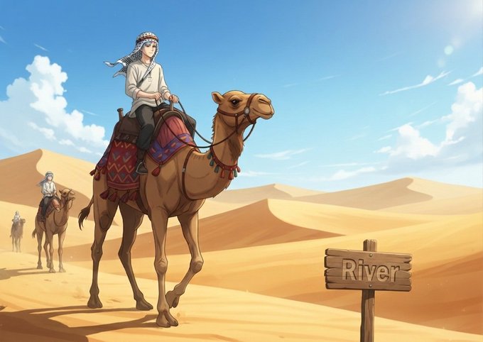 An anime-style drawing shows a man in traditional desert clothing riding a camel through a sandy landscape with other riders behind, next to a wooden sign reading 'River'.