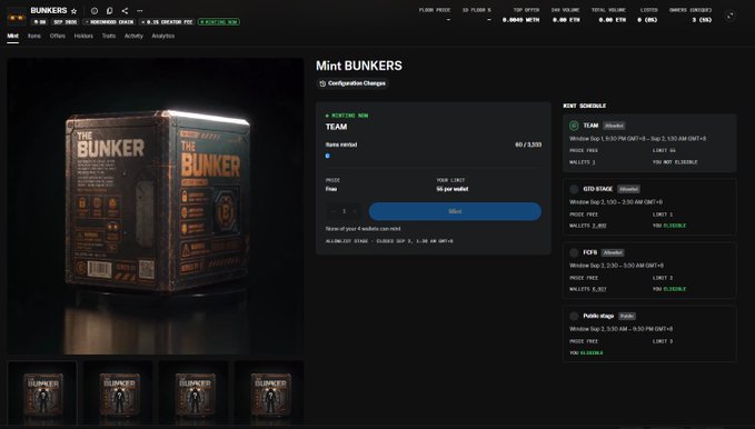 A website interface for "Mint Bunkers" displaying a "BUNKERS" branded package with configuration changes scheduled, including Team, Geo Stage, FOMO, and Photo rings events with pricing in ETH.