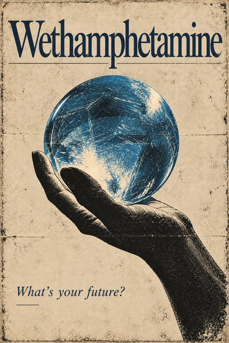 Vintage-looking poster with the title 'Wethamphetamine' and the tagline 'What's your future?', depicting a hand holding a blue globe.