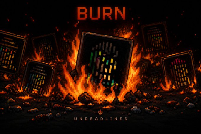 A dramatic pixel-art image shows burning server racks engulfed in flames, with the word "BURN" in red at the top and "UNDEADLINES" at the bottom, visually reinforcing the post's message about "222 UNDEADLINES burned" in a fiery, destructive theme.