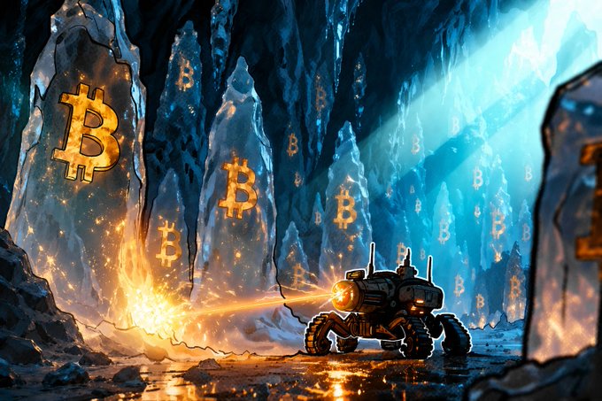 A digital illustration of a rugged vehicle in a glowing cave, with laser beams cutting into rock formations that reveal golden Bitcoin symbols inside.