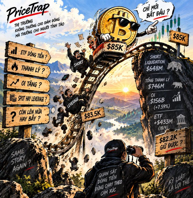 An illustrated Bitcoin market analysis graphic titled 'PriceTrap' with Vietnamese text depicting a Bitcoin roller coaster ride and various stats including 'SHORT LIQUIDATION $648M' and prices of $85K and $83.5K.