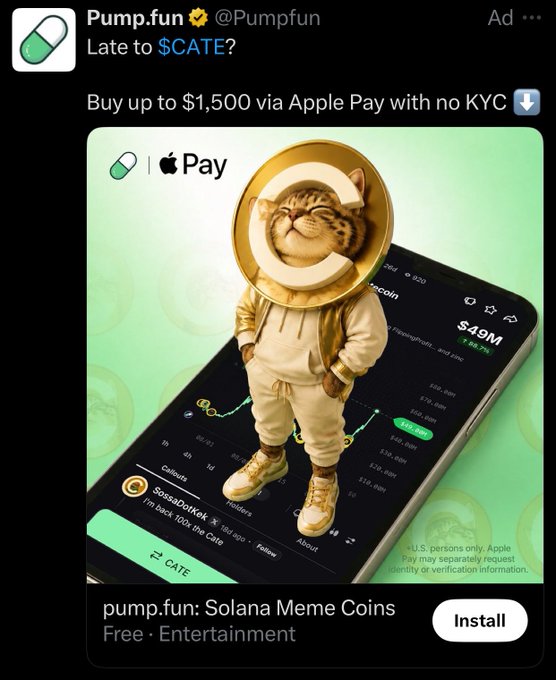 An X advertisement from @Pumpfun promoting their Solana Meme Coins app via Apple Pay, featuring an illustration of a cat wearing a gold 'C' medallion standing on a phone displaying a $49M trading chart.