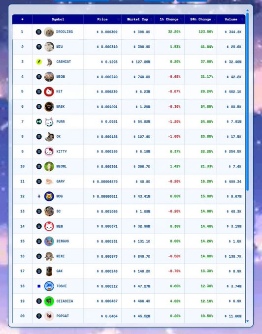 A meme coin price tracking table displaying the top 20 cryptocurrencies ranked by 24-hour price change, including tickers like $DOGELTRX, $WIU, $CASHCAT, $MEGA, $KET, $MASK, $PURR, $OK, $KITTY, $MEWL, $GARY, $WOG, $SC, $MEW, $BINGUS, $MINI, $GAK, $TOSHI, $OIIAOIIA, and $POPCAT, with columns for price, market cap, 1-hour change, 24-hour change, and volume.
