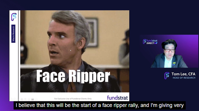 A still from a Fundstrat Tom Lee presentation features a close-up of the "Face Ripper" meme from a sitcom, captioned with his bullish quote about an upcoming market rally, directly tied to the post's prediction of an Ethereum surge.