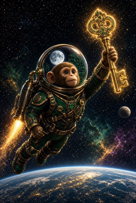 A fantasy digital artwork of a monkey in an astronaut suit floating in space, holding a glowing ornate golden key above Earth.